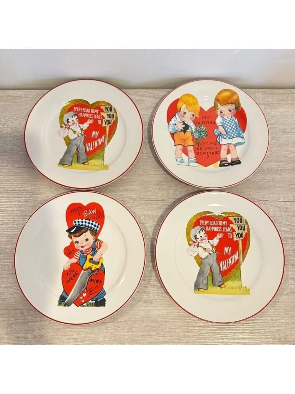 Vintage Rosanna Valentine Dessert Plates Set 4 Red Rim Retro Heart Design 8 in